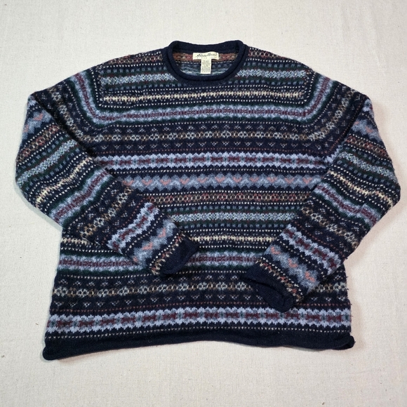 Eddie Bauer Pullover Sweater Women's L Blue Fair Isle Long Sleeve Crew Neck Wool - Picture 1 of 8